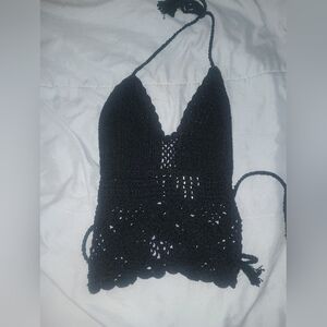 Crochet Blk Lace Up Back Tank Top, NWOT